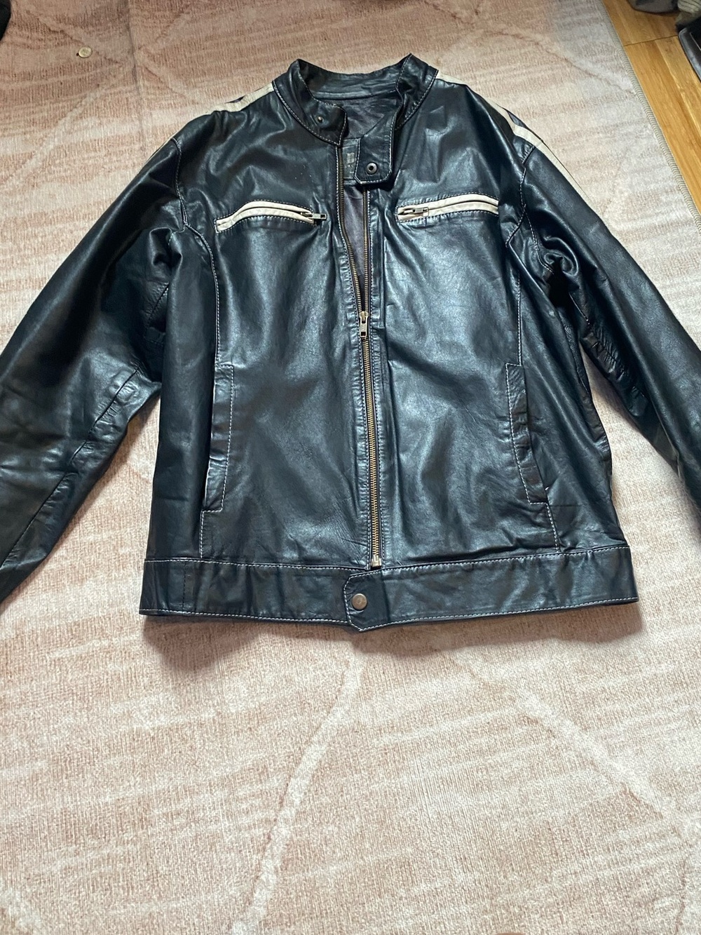 Adonna Black Leather Bomber Jacket with Silver Zippers